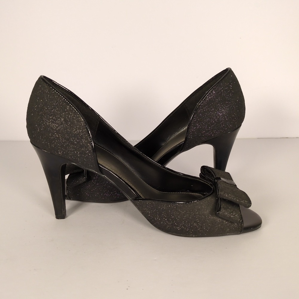 IMPO VTG‎ Black Heels SZ 7 Patent Leather Glitter Open Toe Bow Accent Pumps - Picture 6 of 8